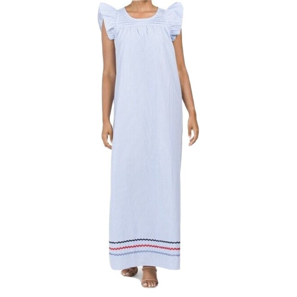 NWT Sail To Sable Flutter Sleeve Maxi in Blue Stripe Shirting Ric Rac Dress XS - Picture 2 of 13